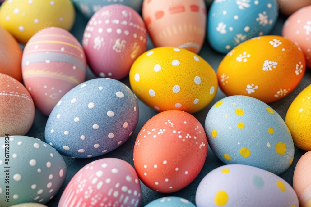 A bunch of painted eggs with different colors and designs. The eggs are arranged in a pattern, with some being larger and others smaller. Scene is cheerful and playful A bunch of painted eggs with different colors and designs. The eggs are arranged in a pattern, with some being larger and others smaller. Scene is cheerful and playful