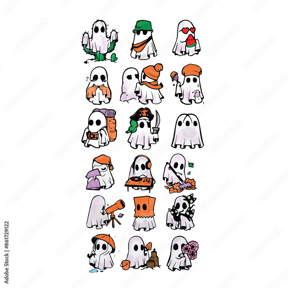 Fototapeta premium Halloween pumpkin and ghost vector illustration, T-shirt prints, pumpkin with bow