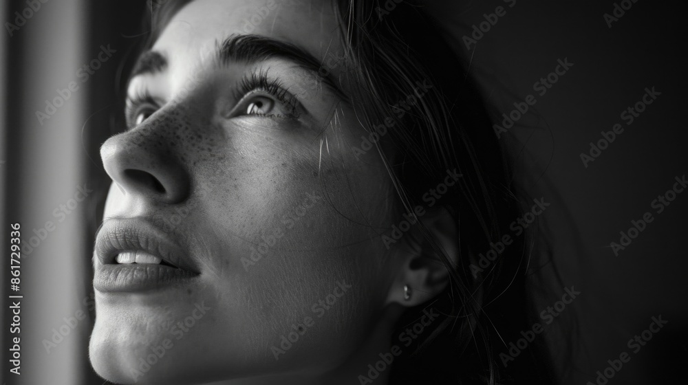 A woman with a pockmarked face stares out the window. The image is in black and white, giving it a somber and introspective mood A woman with a pockmarked face stares out the window. The image is in black and white, giving it a somber and introspective mood