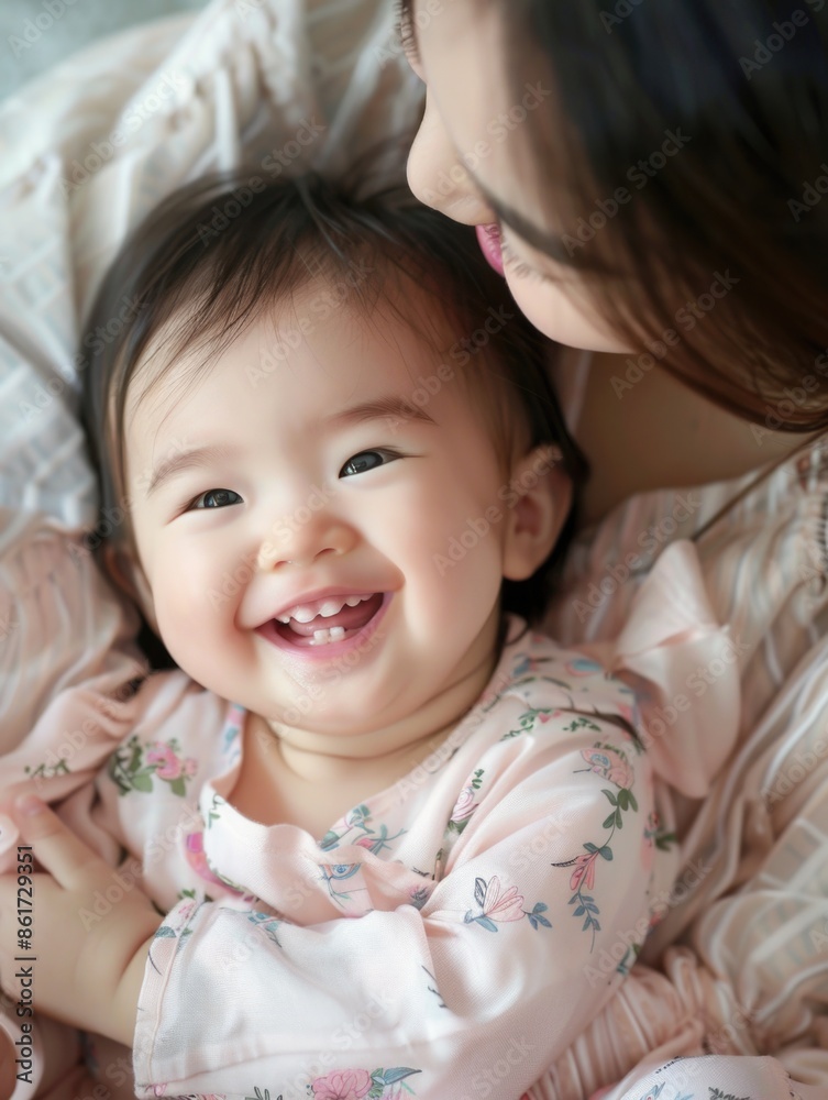 A woman is holding a baby and the baby is smiling. The baby is wearing a pink dress with flowers on it. Scene is happy and loving A woman is holding a baby and the baby is smiling. The baby is wearing a pink dress with flowers on it. Scene is happy and loving