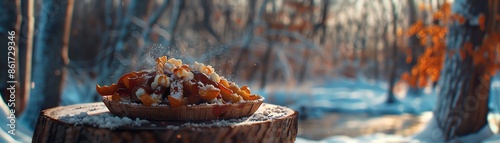 A dish of Canadian poutine with crispy fries, cheese curds, and rich gravy, served on a rustic wooden board, photographed with a backdrop of a snowy maple forest