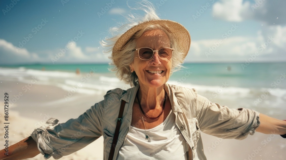 A woman is smiling and wearing a straw hat on a beach. She is wearing glasses and a white shirt A woman is smiling and wearing a straw hat on a beach. She is wearing glasses and a white shirt