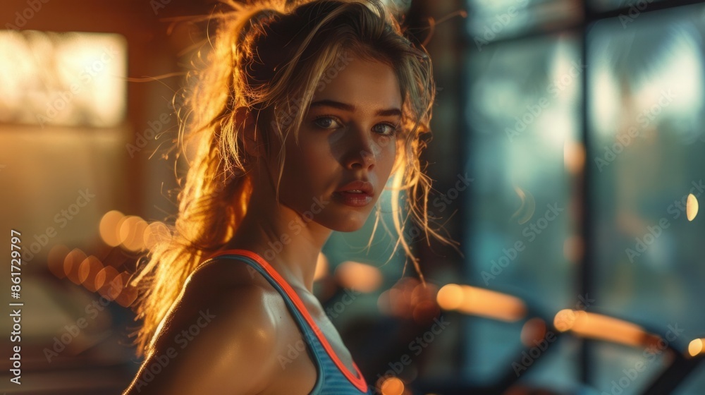 Fototapeta premium Healthy woman working out at gym running on treadmill focused determined expression vibrant lighting