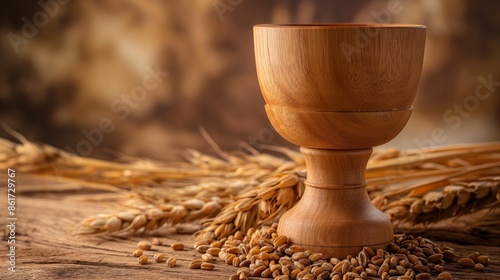 A wooden goblet filled with wheat grains is highlighted against a rustic textured background, symbolizing a connection to nature and simpler times. photo