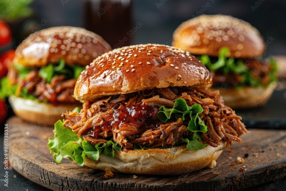 Three hamburgers with meat and lettuce on a wooden table. The hamburgers are topped with sesame seeds and have a sauce on them Three hamburgers with meat and lettuce on a wooden table. The hamburgers are topped with sesame seeds and have a sauce on them