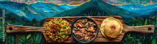 A dish of Jamaican jerk chicken with rice and peas, served with a side of fried plantains, photographed on a wooden board with a backdrop of the Jamaican jungle and Blue Mountains photo