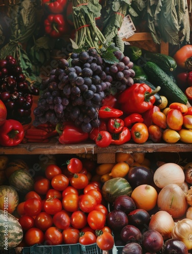 A colorful arrangement of fruits and vegetables on display