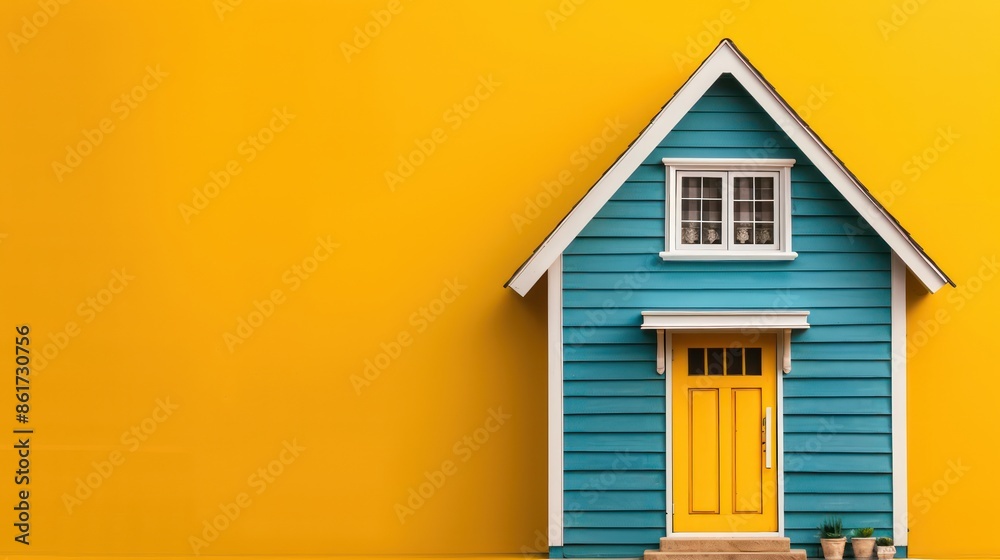 A blue house with a yellow door sits on a yellow wall. The house is small and has a cozy feel to it A blue house with a yellow door sits on a yellow wall. The house is small and has a cozy feel to it