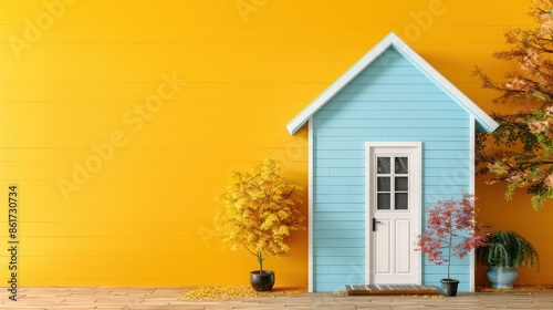 A blue house with a white door sits in front of a yellow wall. The house is small and cozy, with a porch and potted plants surrounding it. The bright colors of the house and the wall create a cheerful
