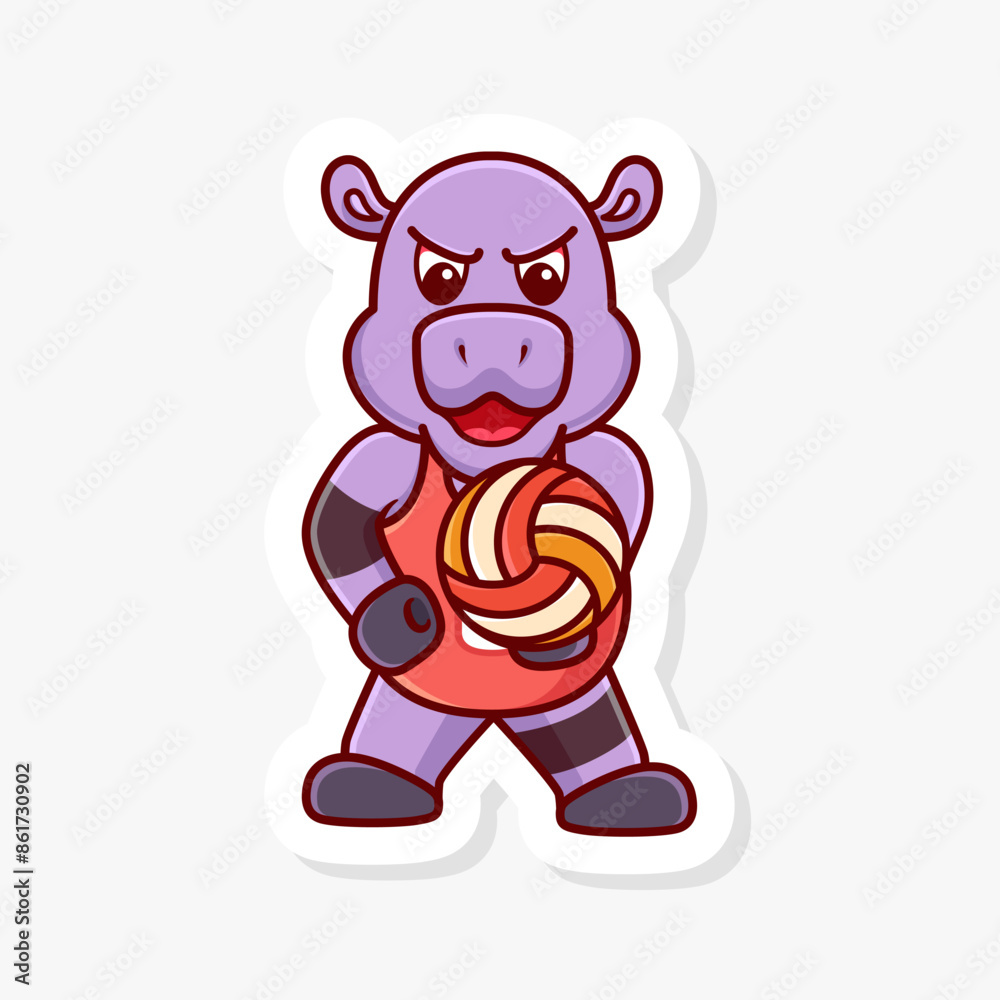 Fototapeta premium Hippo ready to hit a volleyball, cute cartoon character of animal doing sport.