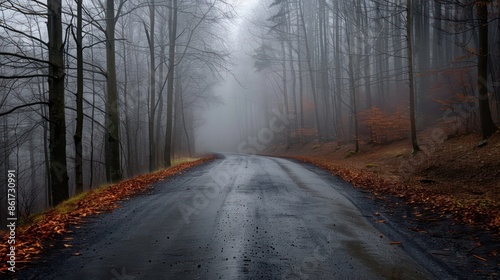 A road with trees in the background and leaves on the ground