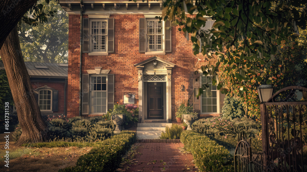 Fototapeta premium A classic red brick house stands as an enduring symbol of timeless charm. The rich texture and warm hues create an inviting and comforting ambiance, blending tradition with enduring style.