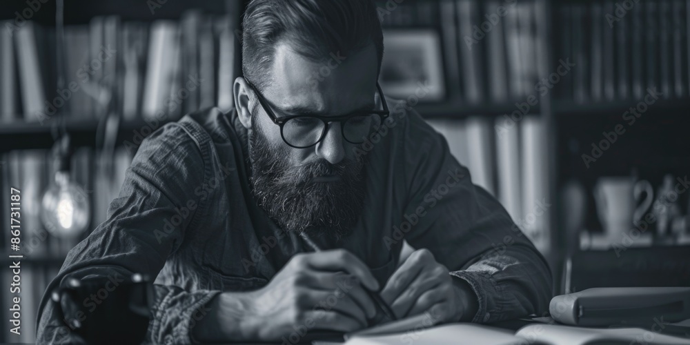 A man with a beard is sitting at a desk with a book in front of him. He is writing in a notebook A man with a beard is sitting at a desk with a book in front of him. He is writing in a notebook