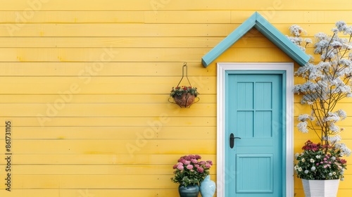 A blue door with a white trim sits in front of a yellow house. The door is open and the house is surrounded by potted plants. Scene is warm and inviting, with the bright colors of the house