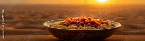 A dish of Somali suqaar with stirfried beef and vegetables, served with rice, placed on a ceramic plate, set on a table with a backdrop of the Somali desert and mangrove areas photo