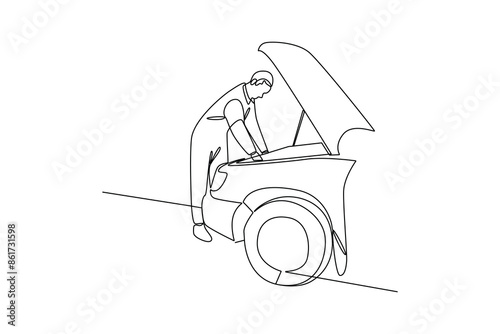 Single continuous line drawing of young man mechanic was checking the condition of a car's engine. Professional work job occupation. Minimalism concept one line draw graphic design vector illustration