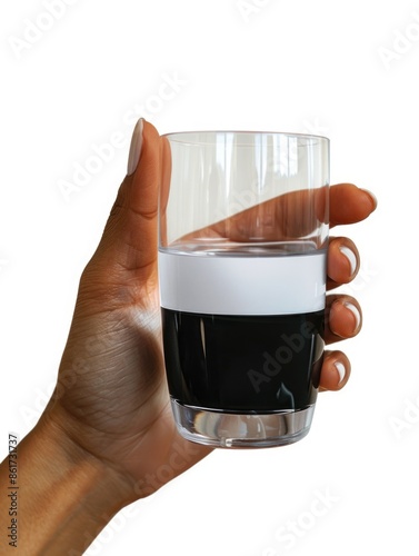 A hand holding a glass with a black and white liquid in it. The glass is half full and half empty