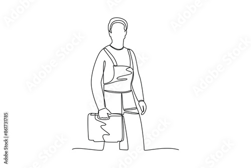 Single continuous line drawing of a mechanic brings complete equipment to check the condition of the car. Professional work job occupation. Minimalism concept one line draw graphic design vector illus