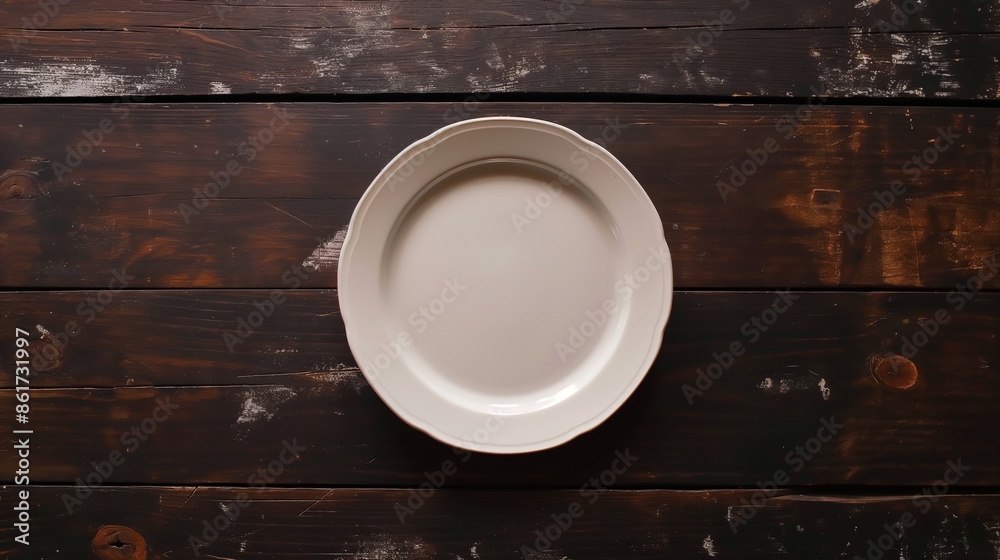 A single white plate is placed at the center of a dark rustic wooden table, symbolizing simplicity, readiness for a meal, and minimalistic dining setup. A single white plate is placed at the center of a dark rustic wooden table, symbolizing simplicity, readiness for a meal, and minimalistic dining setup.