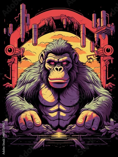 Gorilla DJ. King of the Beats, Music, Tech, and Animal Mashup Illustration
