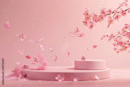 Pink flowers floating in mid-air above a white platform