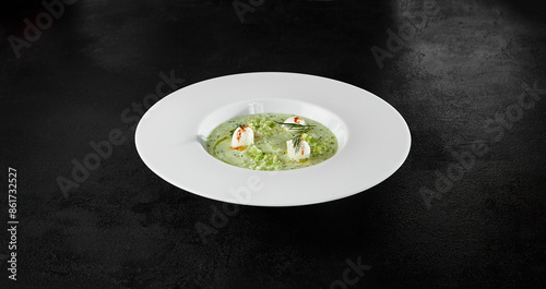 Fresh Cucumber Gazpacho with Mozzarella Cheese Garnish on Black Background - Cold Summer Soup