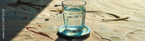 A glass of Syrian arak with aniseflavored spirit and water, served chilled, set on a ceramic coaster, photographed in a Syrian desert with sparse mangrove trees photo