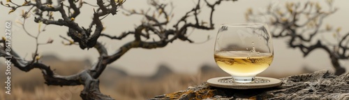 A glass of Syrian arak with aniseflavored spirit and water, served chilled, set on a ceramic coaster, photographed in a Syrian desert with sparse mangrove trees photo