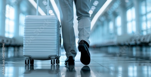 Close-up of a businessman's lower body, dressed in a tailored suit, holding a suitcase and an international trade contract at an airport, modern terminal background, bustling environment photo