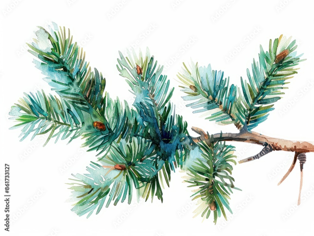 Obraz premium Realistic watercolor illustration of a pine tree branch. Suitable for nature-themed designs