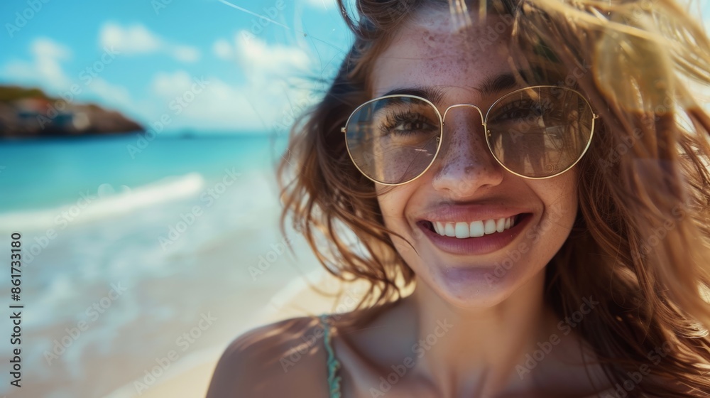 closeup shot of a good looking female tourist. Enjoy free time outdoors near the sea on the beach. Looking at the camera while relaxing on a clear day Poses for travel selfies smiling happy tropical closeup shot of a good looking female tourist. Enjoy free time outdoors near the sea on the beach. Looking at the camera while relaxing on a clear day Poses for travel selfies smiling happy tropical
