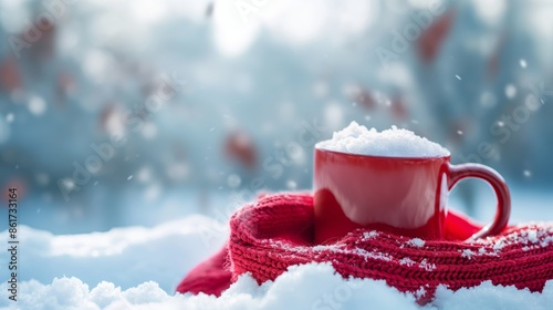A red mug and scarf elegantly set in a serene snowy landscape, capturing the essence of warmth, tranquility, and festive winter ambiance. photo