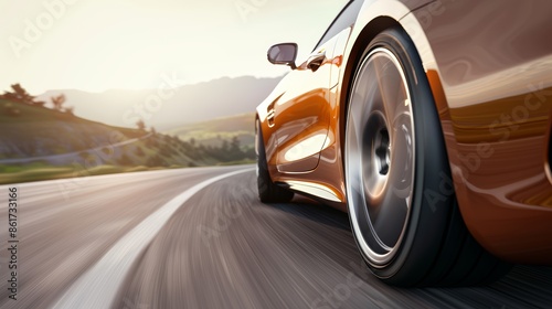 Close-up shot of a high-speed luxury car on a winding mountain road, ultra high-definition, capturing the car's dynamic movement and glossy finish with a wide-angle lens
