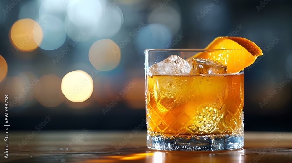 An old fashioned cocktail garnished with a slice of orange. An old fashioned cocktail garnished with a slice of orange.
