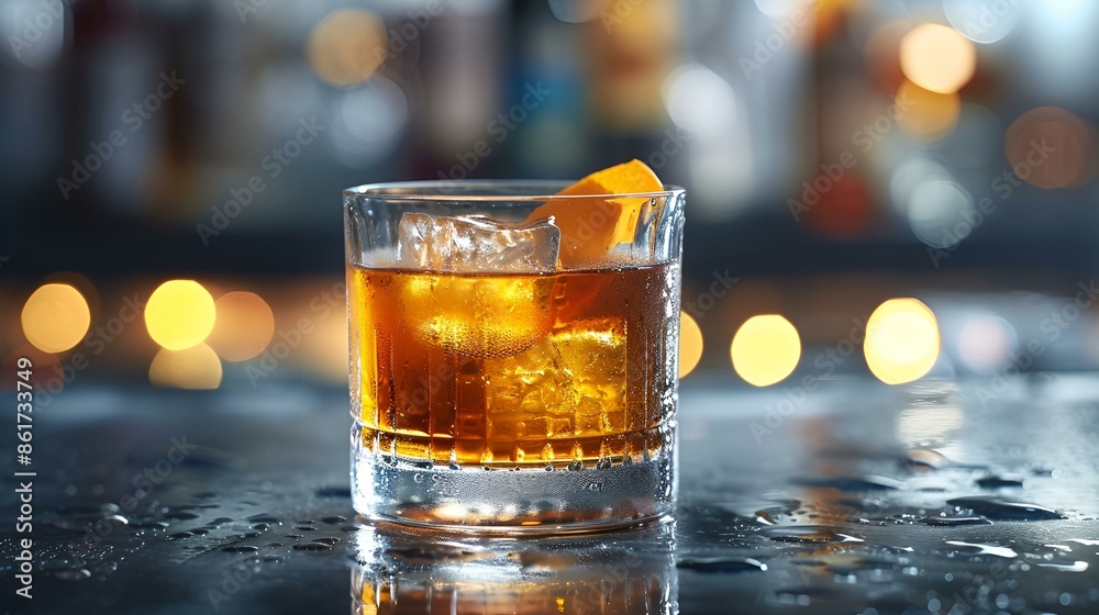 A glass of whiskey with an orange slice on a table.
