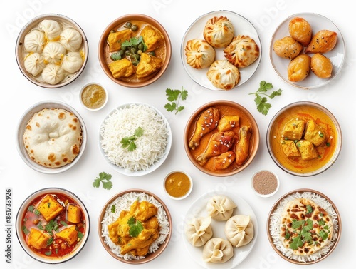 Top view collection of Indian foods isolated on a white background, including momos, butter chicken curry and rice, samosas, and pani puri