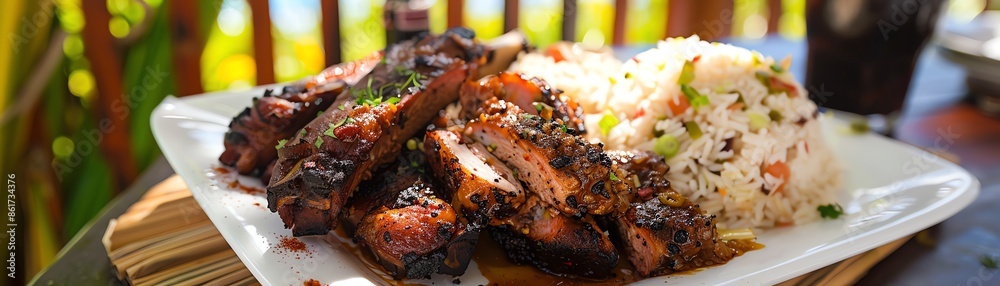 A plate of Haitian griot with marinated pork, served with rice and pikliz, placed on a wooden platter, set on a table with a view of Haitian mangrove swamps and coastal landscapes A plate of Haitian griot with marinated pork, served with rice and pikliz, placed on a wooden platter, set on a table with a view of Haitian mangrove swamps and coastal landscapes