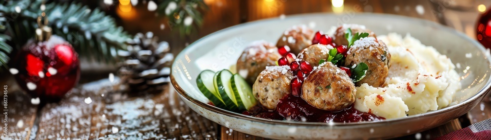 A plate of hearty Swedish meatballs served with creamy mashed potatoes A plate of hearty Swedish meatballs served with creamy mashed potatoes