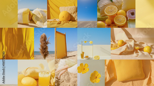 A collage of yellow images with a beach and a tree in the background