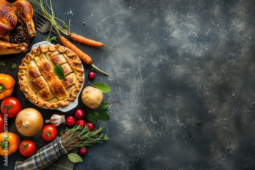 Traditional homemade pie with chicken and vegetables on dark background. Top view with copy spacea photo