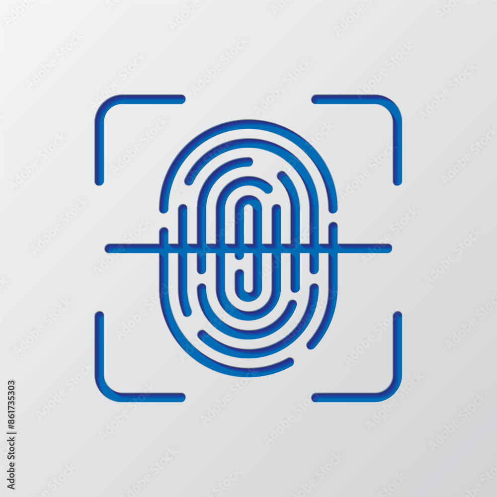 Fingerprint with scan simple icon vector. Flat design. Paper cut design. Cutted blue symbol with shadow. Gray background Fingerprint with scan simple icon vector. Flat design. Paper cut design. Cutted blue symbol with shadow. Gray background