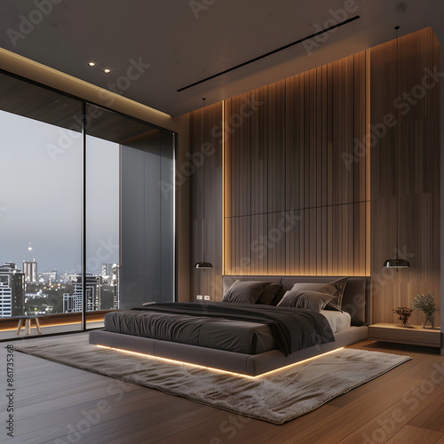 luxury evening bedroom with cityscape view isolated on white background, simple style, png © Anton