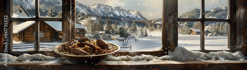 A plate of Polish bigos with sauerkraut, meat, and sausage, served in a traditional bowl, photographed with a view of a snowy Polish countryside photo