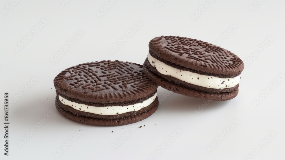 Two Oreo cookies with cream filling on a white surface, perfect for desserts or snacks Two Oreo cookies with cream filling on a white surface, perfect for desserts or snacks