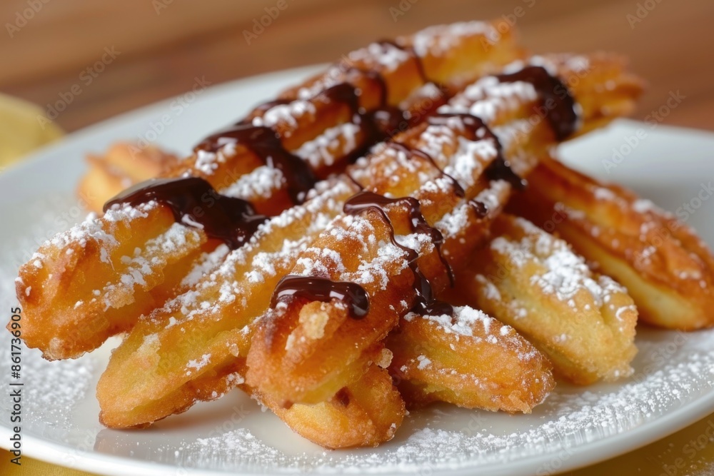 A plate of churros with powdered sugar and chocolate sauce. The churros are piled on top of each other, creating a delicious and indulgent dessert A plate of churros with powdered sugar and chocolate sauce. The churros are piled on top of each other, creating a delicious and indulgent dessert