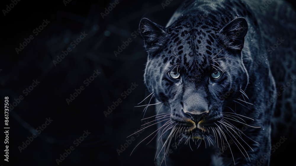 Obraz premium Close-up view of a black leopard's face with distinctive markings