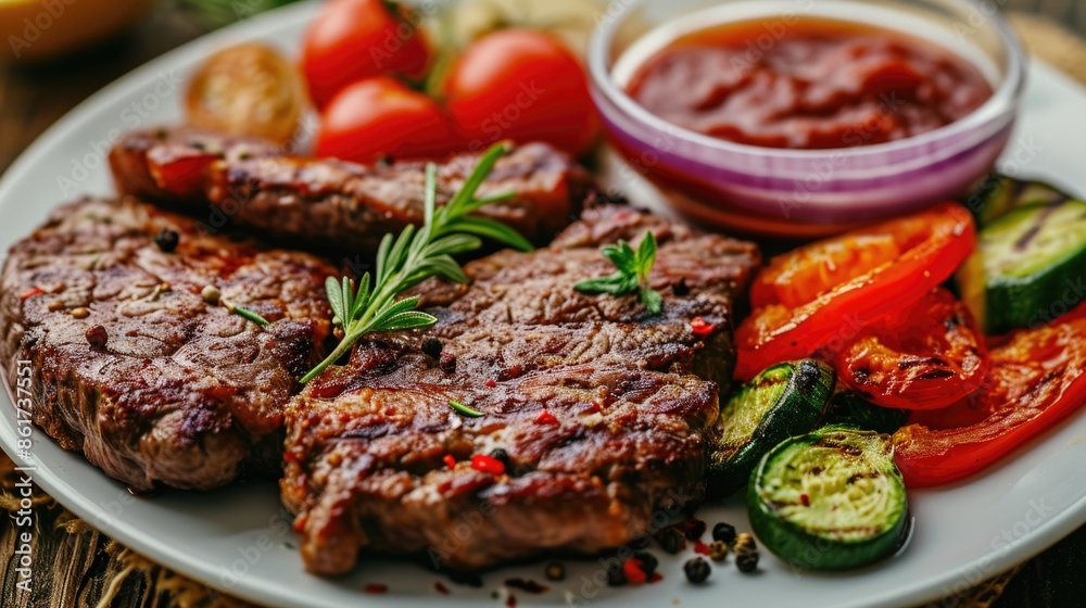 A plate of meat and vegetables with a bowl of sauce. The plate is white and the vegetables are red and green A plate of meat and vegetables with a bowl of sauce. The plate is white and the vegetables are red and green