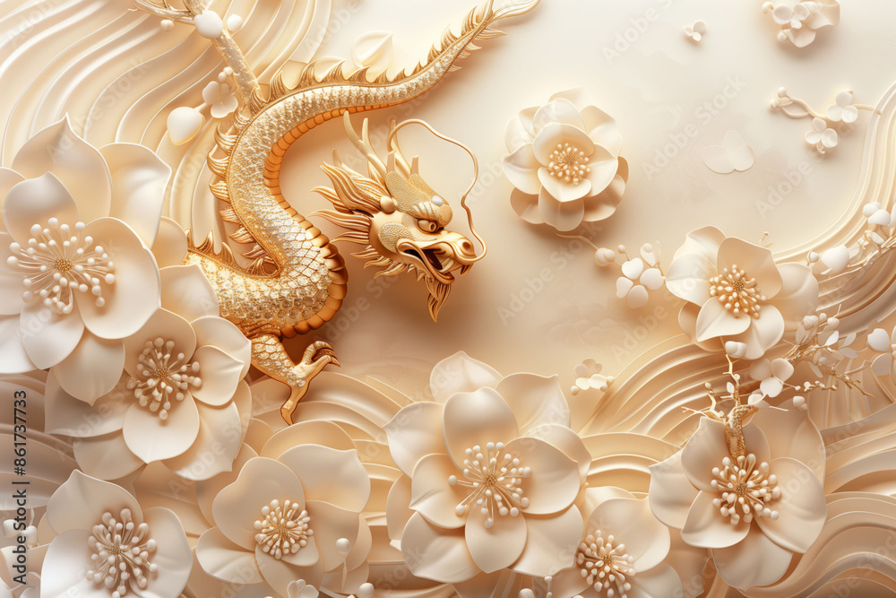 Golden dragon surrounded by floral motifs, luxurious, intricate, gold, ornate, dragon, decoration, flowers, Asian, beauty - cultural symbolism concept Golden dragon surrounded by floral motifs, luxurious, intricate, gold, ornate, dragon, decoration, flowers, Asian, beauty - cultural symbolism concept