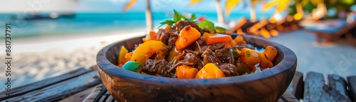 A serving of Cuban ropa vieja with shredded beef photo