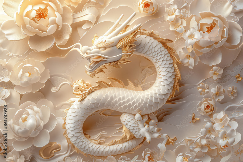 Ornate white dragon with floral background, elegant, mythical, art, intricate, sculpted, fantasy, oriental, traditional, Asian concept Ornate white dragon with floral background, elegant, mythical, art, intricate, sculpted, fantasy, oriental, traditional, Asian concept